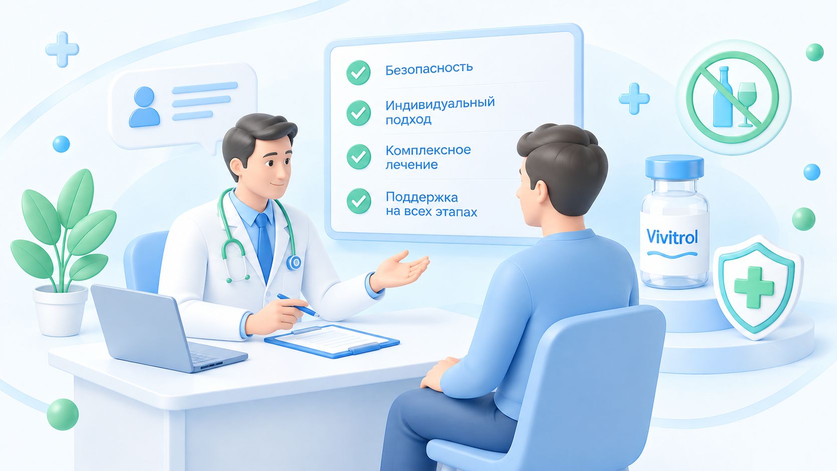 Врач-нарколог обсуждает с пациентом применение Вивитрола при алкогольной зависимости
